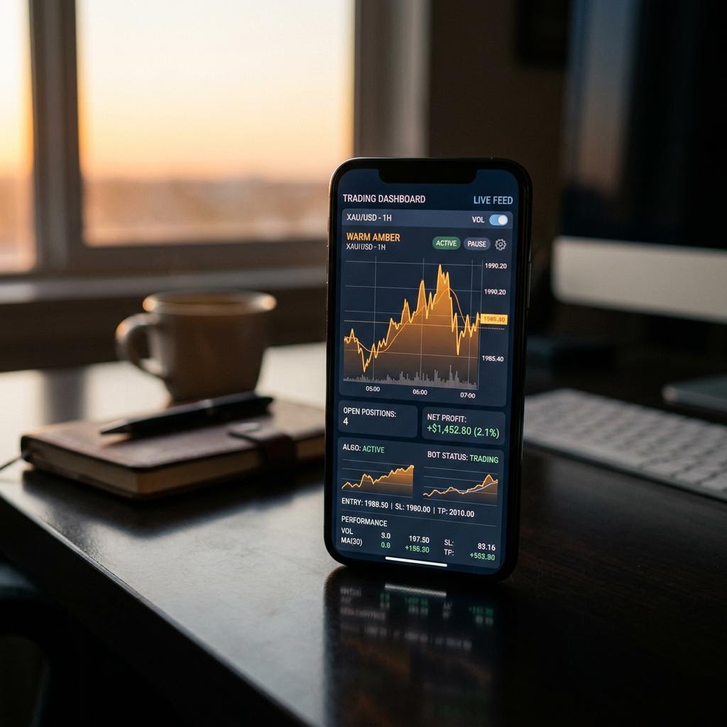 Painel digital da plataforma de trading com IA Farol Bravendança num smartphone